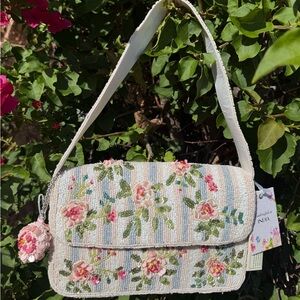 NWT Made in India Floral Coquette Pastel Pink Blue Striped Beaded Shoulder Bag